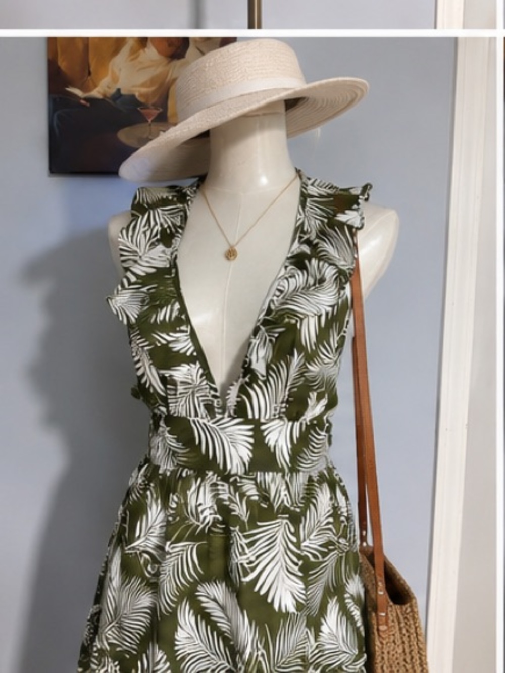 Sleeveless Olive Green Tropical Print Ruffle Dress